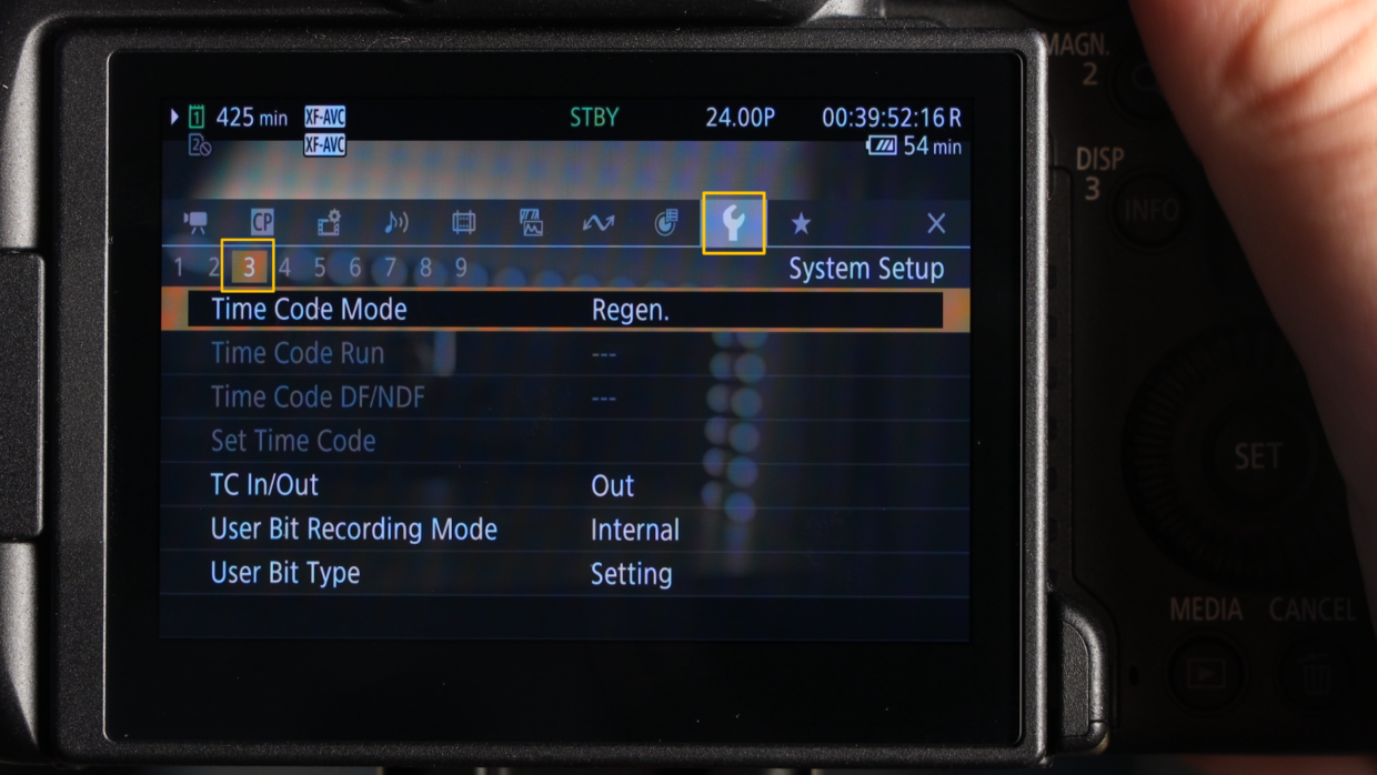 Canon EOS R5 C menu. Time code settings
