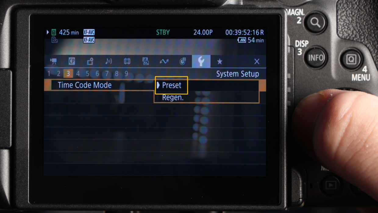 Canon EOS R5 C menu. Time code settings