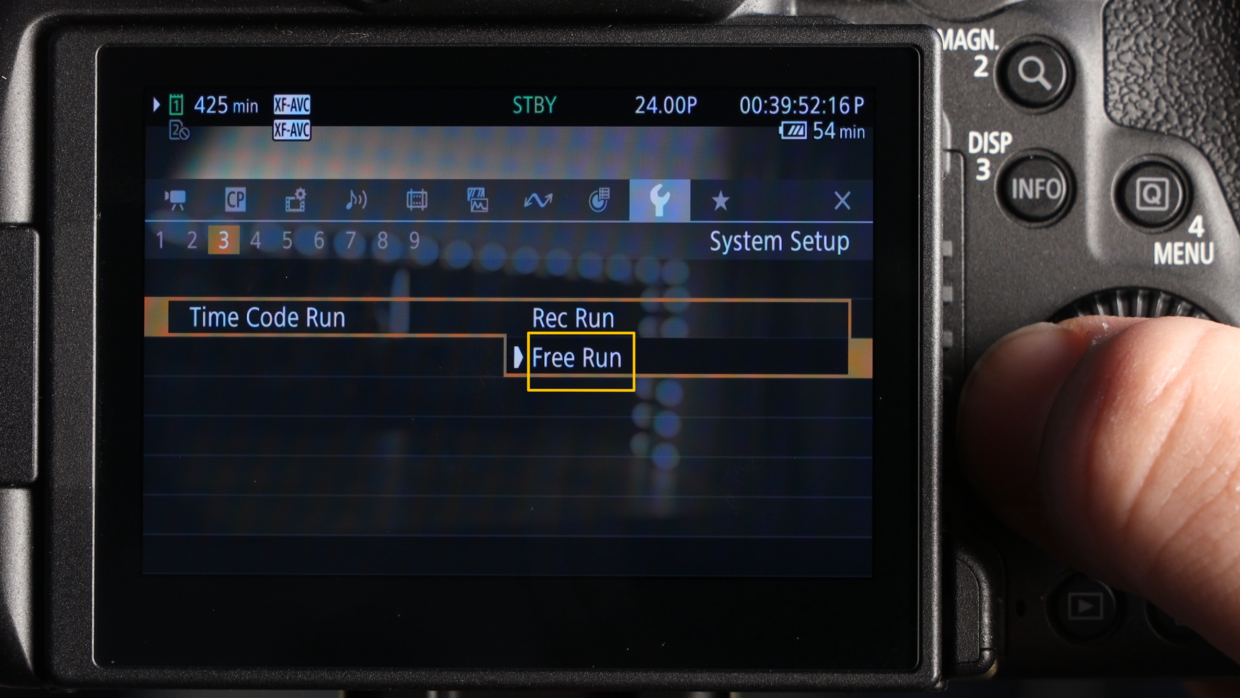 Canon EOS R5 C menu. Time code settings