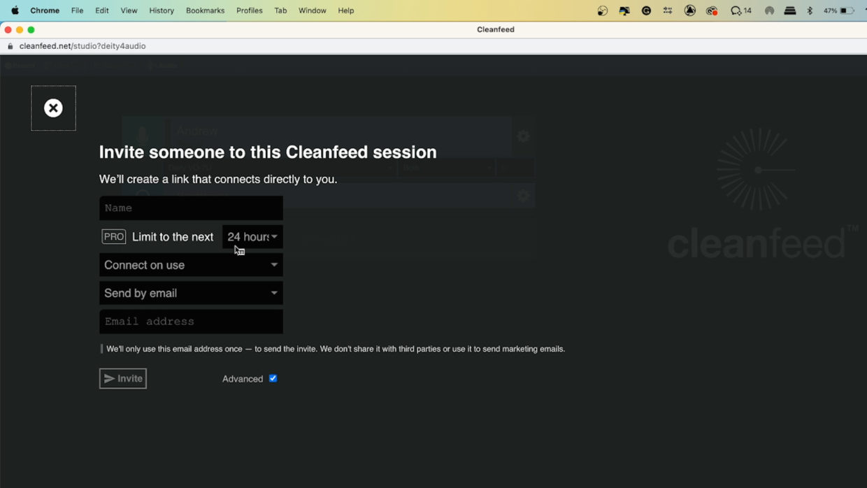 Cleanfeed logo. Remote podcasting software. Inviting a Co-host