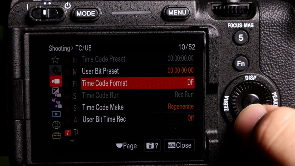 Sony FX3 and FX30 menu. timecode settings. timecode format drop frame