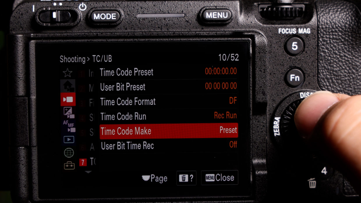 Sony mirrorless menu. timecode settings.  time code make preset