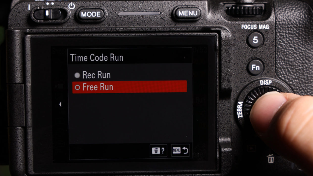 Sony mirrorless menu. timecode settings.  timecode settings. time code run free run