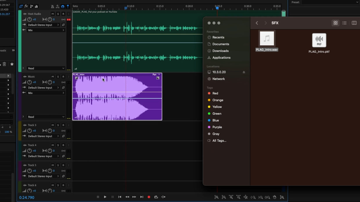 Adobe Audition multitrack window. Podcast editing. Adding music