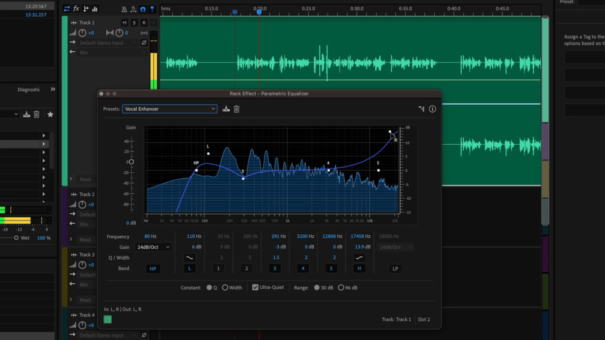 Adobe Audition multitrack window. Podcast editing. EQ