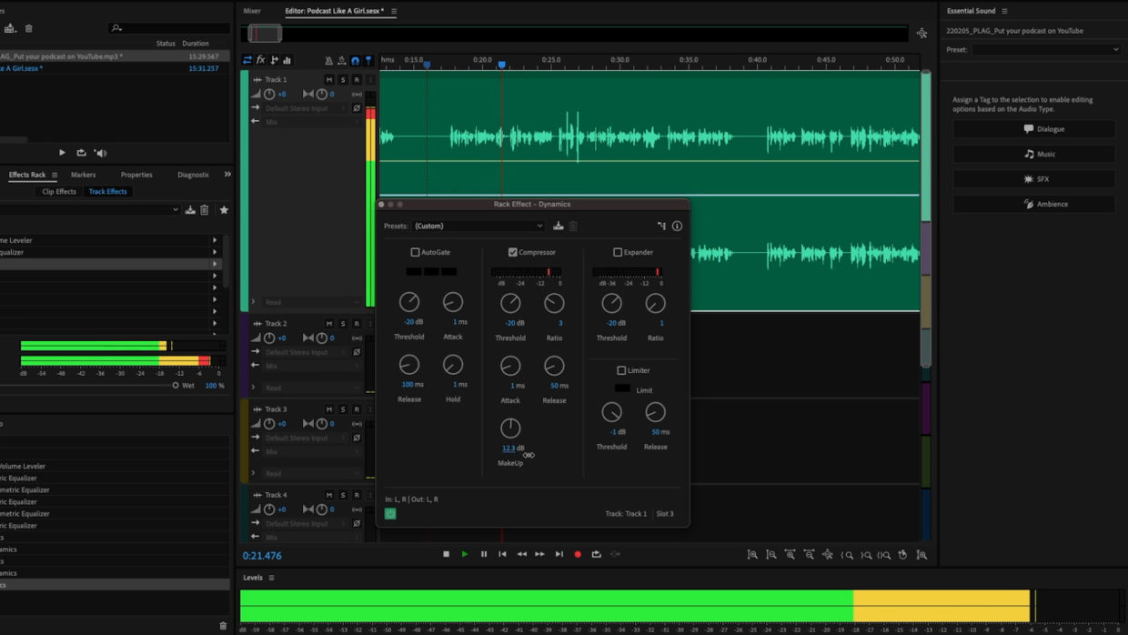 Adobe Audition multitrack window. Podcast editing. Compressor