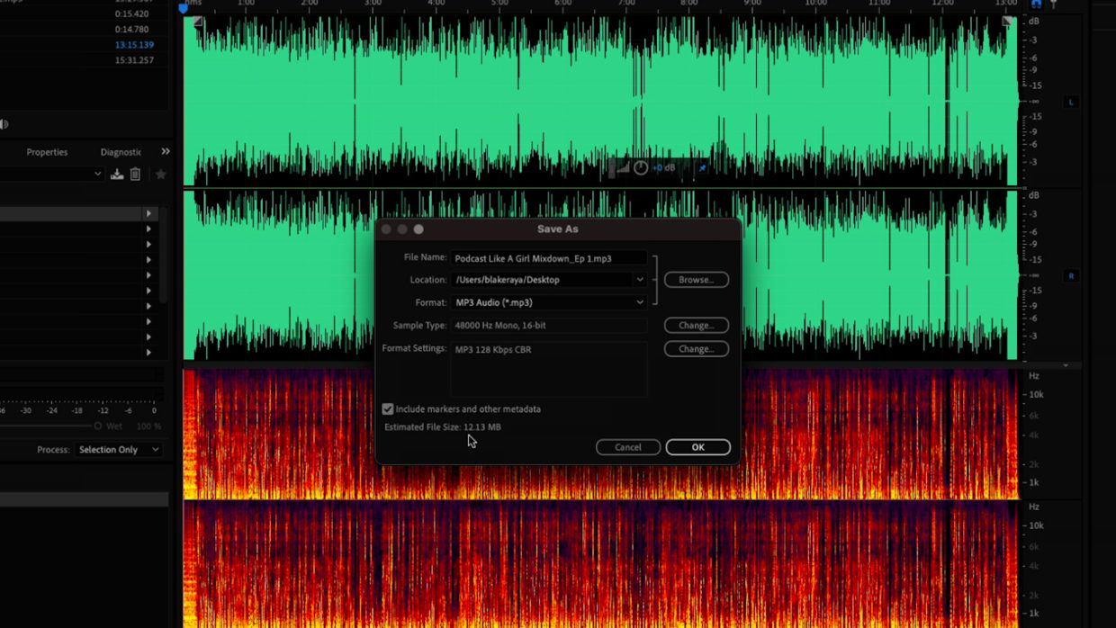 Adobe Audition multitrack window. Podcast editing. Best podcast export settings