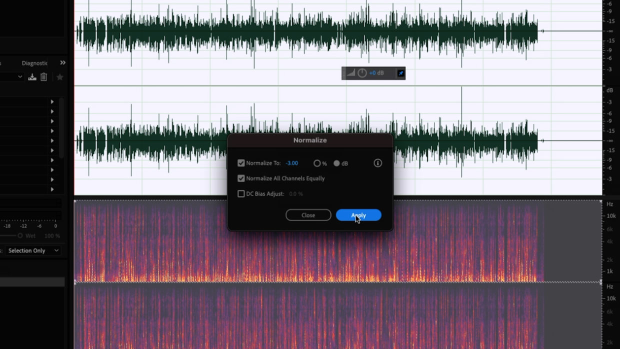 Adobe Audition multitrack window. Podcast editing. Normalize