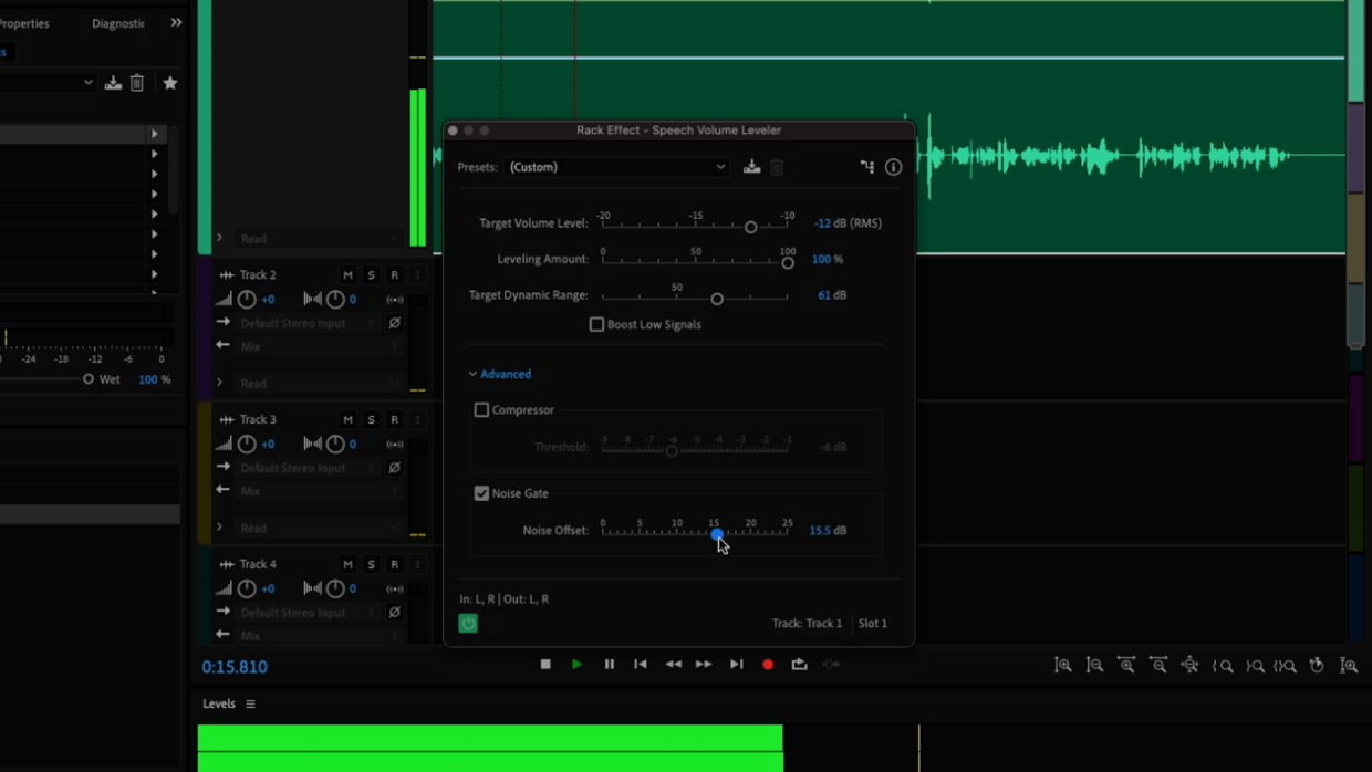 Adobe Audition multitrack window. Podcast editing. Speech leveler
