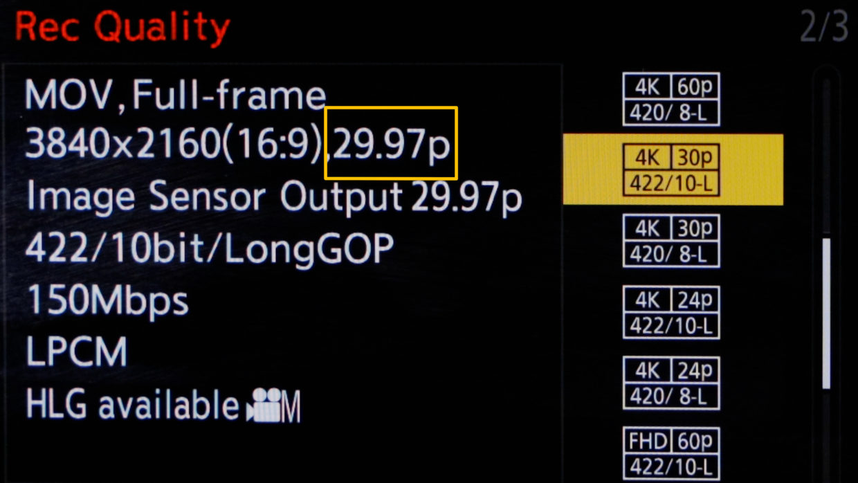 Pansonic S5, S5ii, & S5iix menu. Frame rate set to 29.97