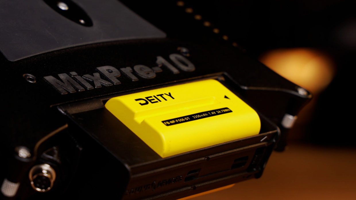 Deity NP type battery powering a Sound Devices MixPre-10