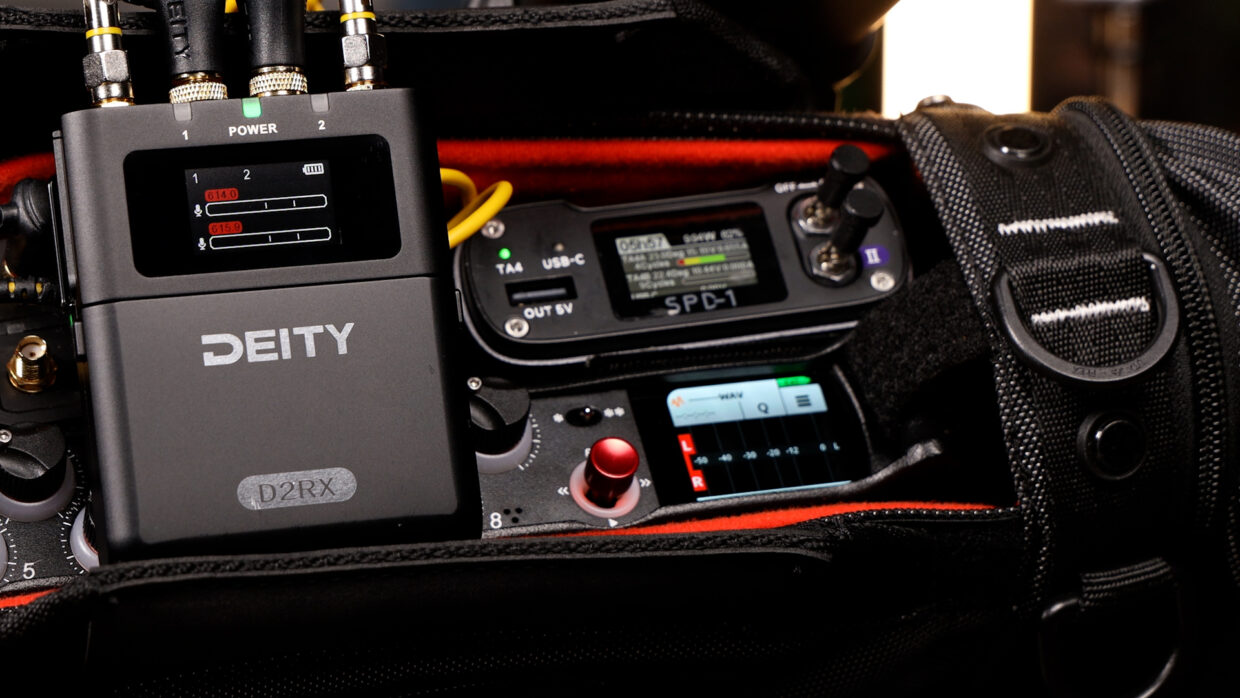 Deity Theos D2RX in sound bag with Sound devices MixPre-3 and Deity SPD-1