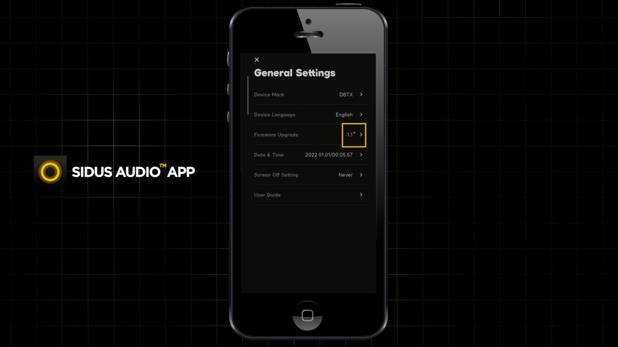 Deity sidus audio app connected to Deity DBTX. General settings tab