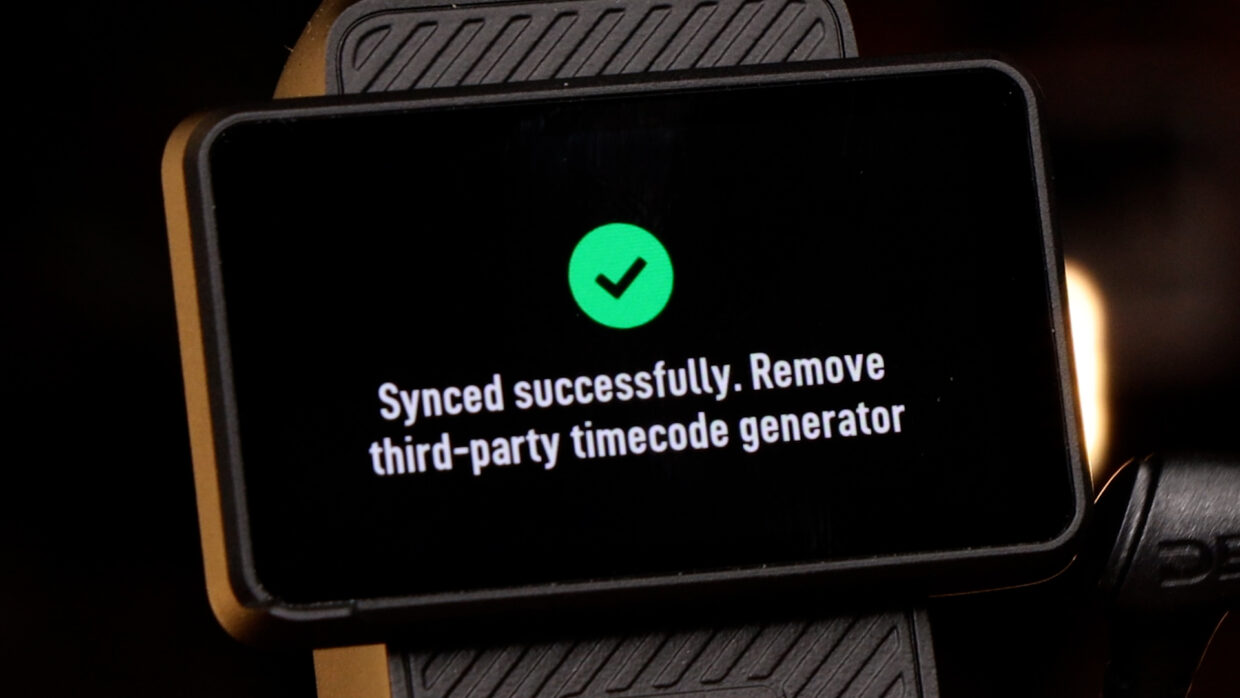 DJI timecode menu showing a successful sync