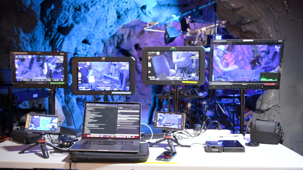 The dice decide D&D show bts showcasing multiple camera monitors