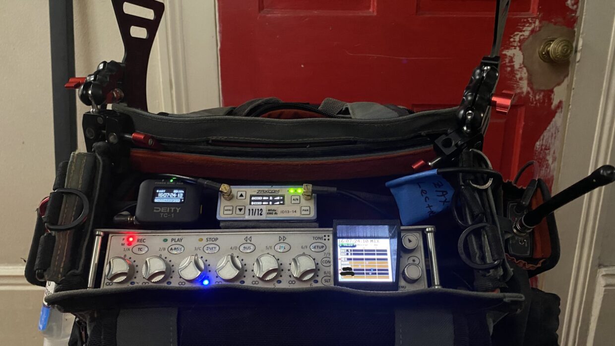 A Zaxcom Nova audio recorder using a Deity TC-1 as a timecode box