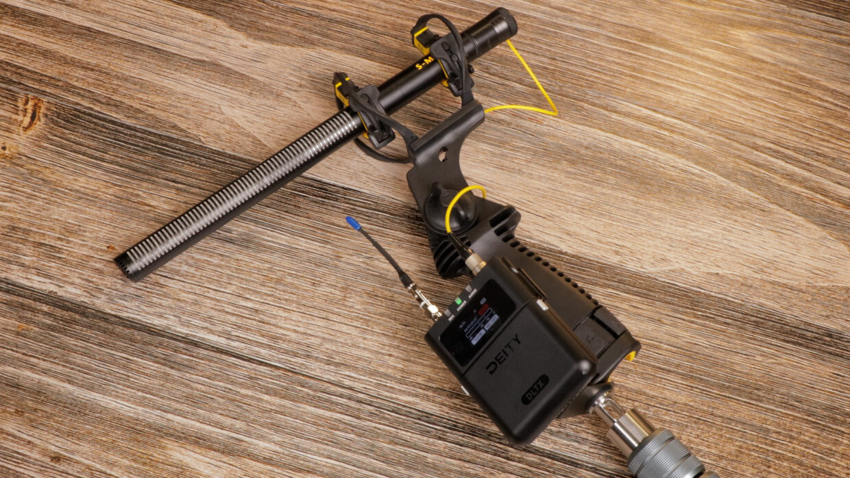 Fully setup Deity DLTX on a boom pole with the Deity S-Mic 3