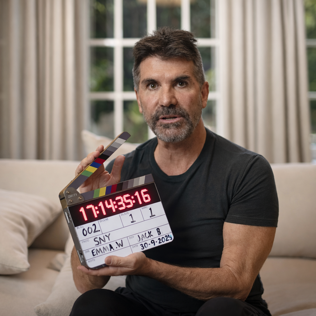 Simon Cowell holding a timecode slate=