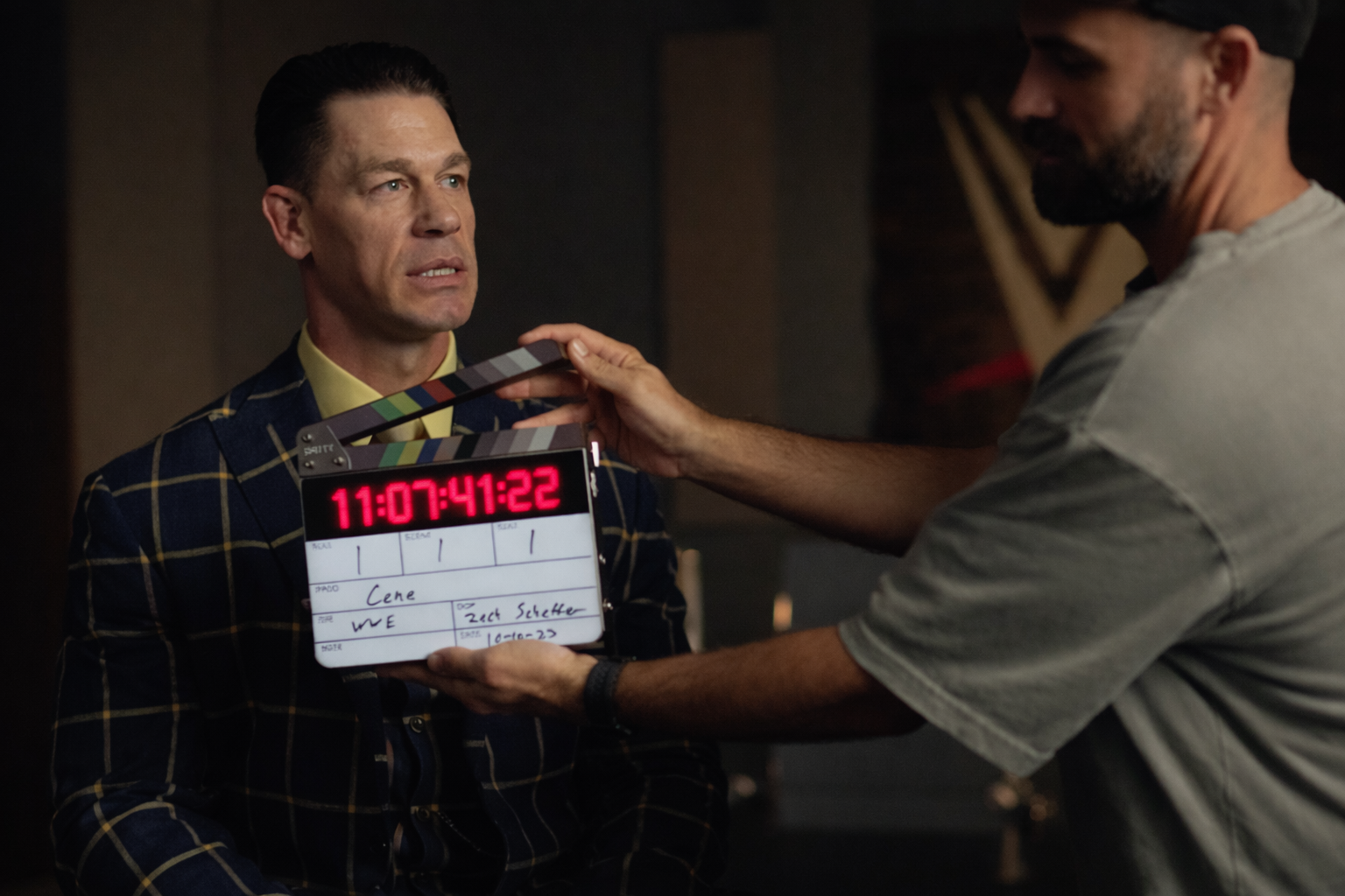 WWE legend Jon Cena with a timecode slate